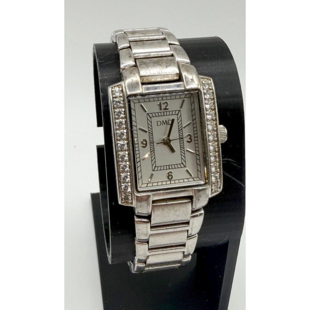 DMQ Silver Tone Rectangular Watch Rhinestone Bezel 7" x 1/2"‎ band Working